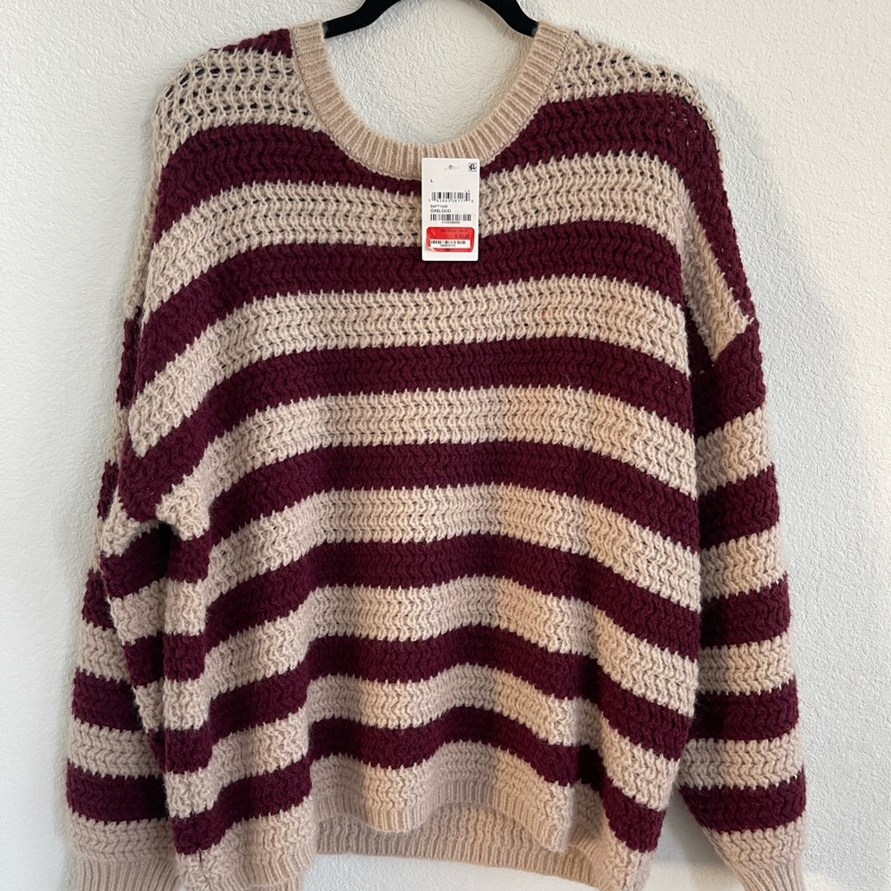 Blu Pepper Striped Open-Knit Crewneck Sweater in Burgundy and Cream